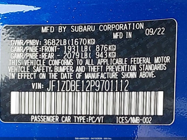 44852303 :رقم المزاد ، JF1ZDBE12P9701112 vin ، 2023 Subaru Brz Limited مزاد بيع