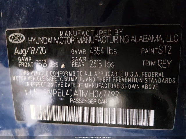 Auction sale of the 2021 Hyundai Sonata Sel, vin: 5NPEL4JA1MH067792, lot number: 44852304