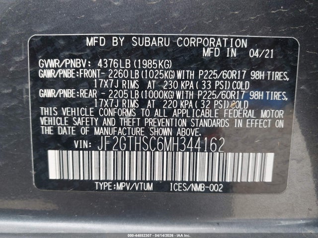 Продаж на аукціоні авто 2021 Subaru Crosstrek Sport, vin: JF2GTHSC6MH344162, номер лоту: 44852307