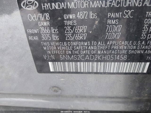 2019 Hyundai Santa Fe Se მანქანა იყიდება აუქციონზე, vin: 5NMS2CAD2KH051458, აუქციონის ნომერი: 44852310