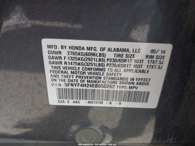 Honda PILOT LX 2014 5FNYF4H24EB050262 Image 9