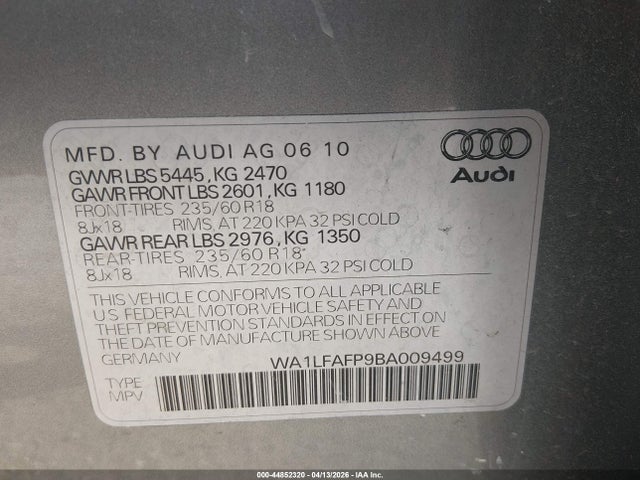 44852320 :رقم المزاد ، WA1LFAFP9BA009499 vin ، 2011 Audi Q5 2.0t Premium مزاد بيع