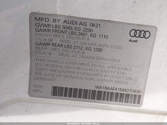 Продажа на аукционе авто 2021 Audi A4 Allroad Premium Plus 45 Tfsi Quattro S Tronic, vin: WA18AAF41MA070830, номер лота: 44852334