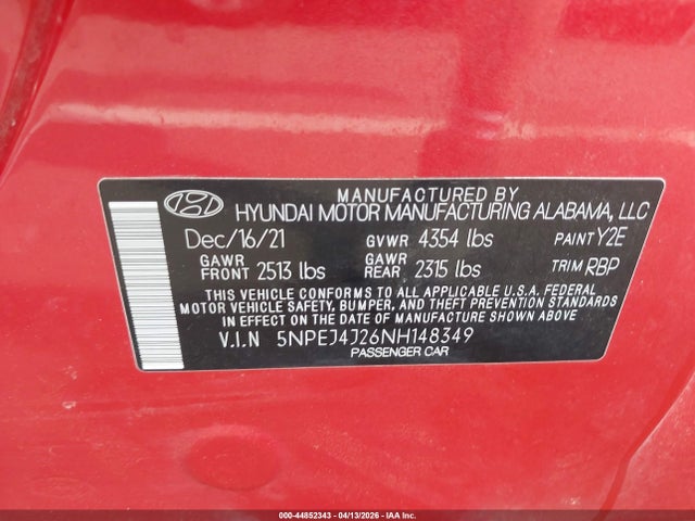 2022 Hyundai Sonata Sel Plus მანქანა იყიდება აუქციონზე, vin: 5NPEJ4J26NH148349, აუქციონის ნომერი: 44852343