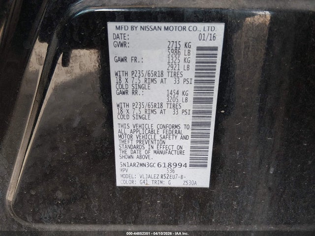 5N1AR2MN3GC618994 Nissan Pathfinder Platinum/s/sl/sv