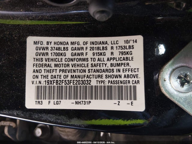 44852355 :رقم المزاد ، 19XFB2F53FE203032 vin ، 2015 Honda Civic Lx مزاد بيع