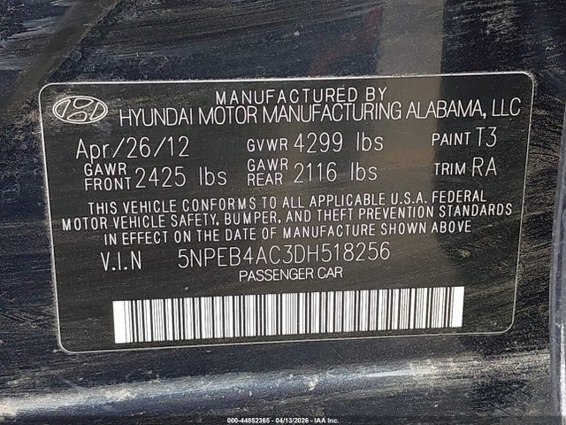 2013 Hyundai Sonata Gls მანქანა იყიდება აუქციონზე, vin: 5NPEB4AC3DH518256, აუქციონის ნომერი: 44852365