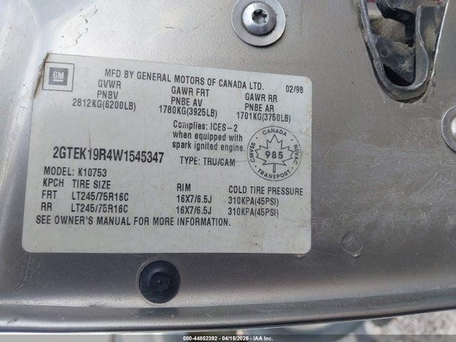 Aukcja sprzedaży 1998 Gmc Sierra 1500 Sl Wideside/sle Sportside, vin: 2GTEK19R4W1545347, numer aukcji: 44852392