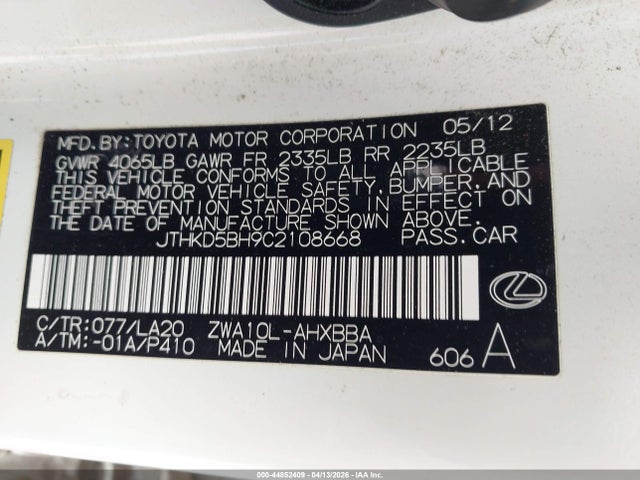 44852409 :رقم المزاد ، JTHKD5BH9C2108668 vin ، 2012 Lexus Ct 200h Premium مزاد بيع