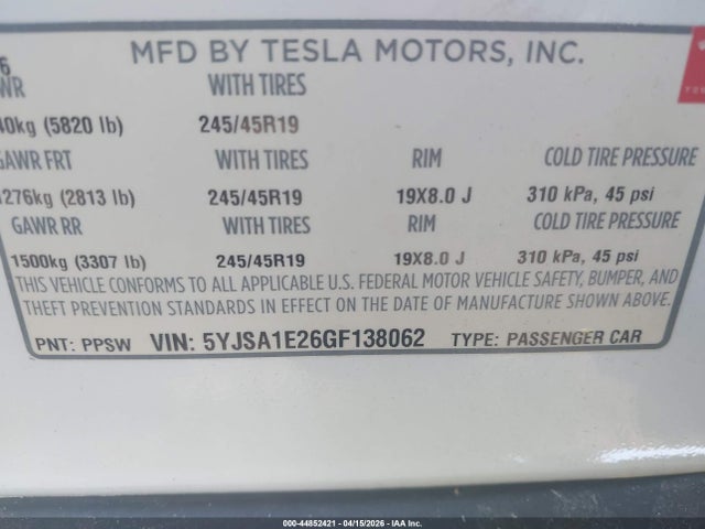 2016 Tesla Model S 60d/70d/75d/85d/90d მანქანა იყიდება აუქციონზე, vin: 5YJSA1E26GF138062, აუქციონის ნომერი: 44852421