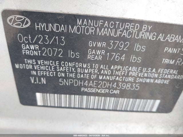 44852423 :رقم المزاد ، 5NPDH4AE2DH439835 vin ، 2013 Hyundai Elantra Gls مزاد بيع