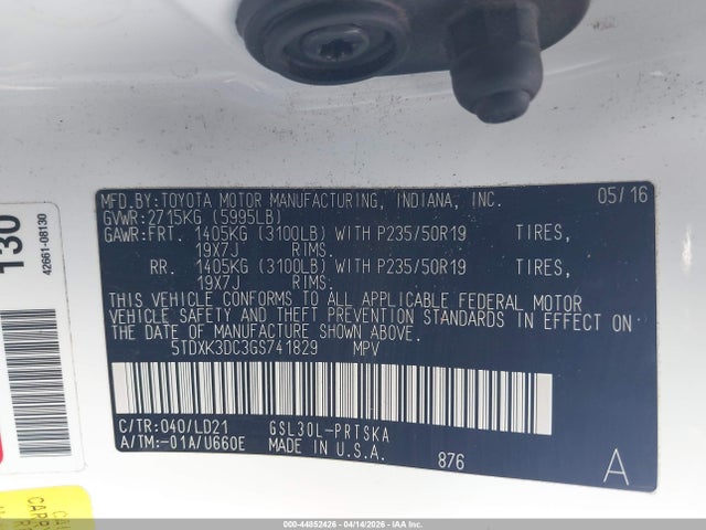 5TDXK3DC3GS741829 Toyota Sienna Se Premium 8 Passenger
