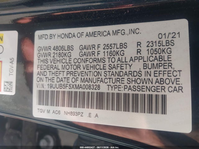 44852427 :رقم المزاد ، 19UUB5F5XMA008328 vin ، 2021 Acura Tlx A-spec Package مزاد بيع