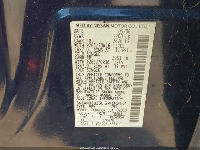 Aukcja sprzedaży 2006 Nissan Xterra X, vin: 5N1AN08U26C540062, numer aukcji: 44852429