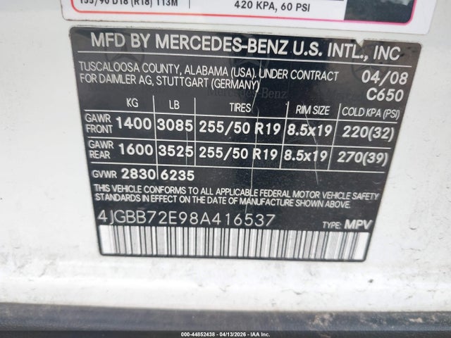 Продаж на аукціоні авто 2008 Mercedes-benz Ml 550 4matic, vin: 4JGBB72E98A416537, номер лоту: 44852438