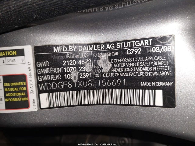 44852440 :رقم المزاد ، WDDGF81X08F156691 vin ، 2008 Mercedes-benz C 300 Luxury 4matic/sport 4matic مزاد بيع