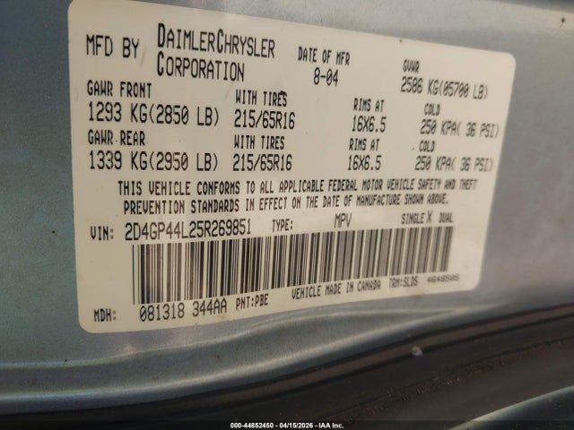 44852450 :رقم المزاد ، 2D4GP44L25R269851 vin ، 2005 Dodge Grand Caravan Sxt مزاد بيع