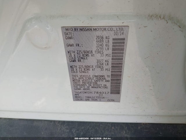 Aukcja sprzedaży 2015 Nissan Rogue Sl, vin: 5N1AT2MT2FC784017, numer aukcji: 44852456