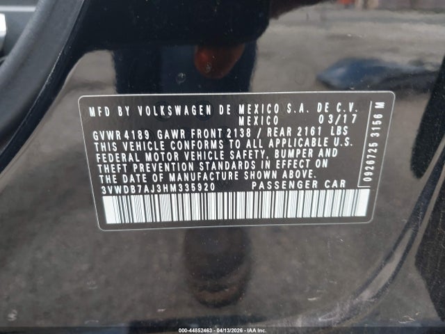 2017 Volkswagen Jetta 1.4t Se მანქანა იყიდება აუქციონზე, vin: 3VWDB7AJ3HM335920, აუქციონის ნომერი: 44852463