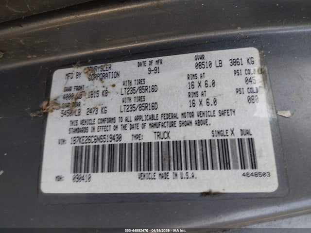 1992 Dodge D-series D200/d250 მანქანა იყიდება აუქციონზე, vin: 1B7KE26C6NS519430, აუქციონის ნომერი: 44852470
