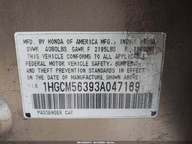 Auction sale of the 2003 Honda Accord 2.4 Lx, vin: 1HGCM56393A047169, lot number: 44852474