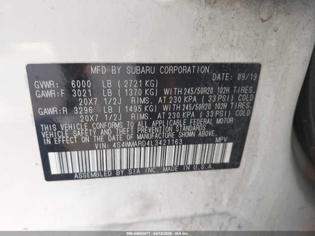 Продаж на аукціоні авто 2020 Subaru Ascent Touring, vin: 4S4WMARD4L3421163, номер лоту: 44852477