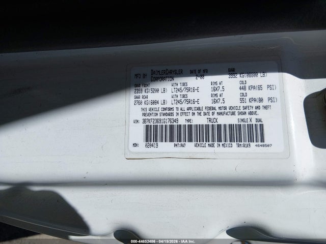 44852486 :رقم المزاد ، 3B7KF23691G176349 vin ، 2001 Dodge Ram 2500 St مزاد بيع