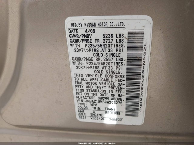 Продаж на аукціоні авто 2009 Nissan Murano Le, vin: JN8AZ18W39W203276, номер лоту: 44852491