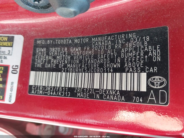 2T1BURHE5JC080114 Toyota COROLLA LE