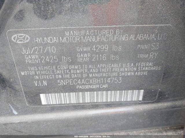 Aukcja sprzedaży 2011 Hyundai Sonata Se, vin: 5NPEC4ACXBH114753, numer aukcji: 44852506