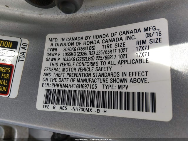 Продаж на аукціоні авто 2016 Honda Cr-v Se, vin: 2HKRM4H41GH697105, номер лоту: 44852527