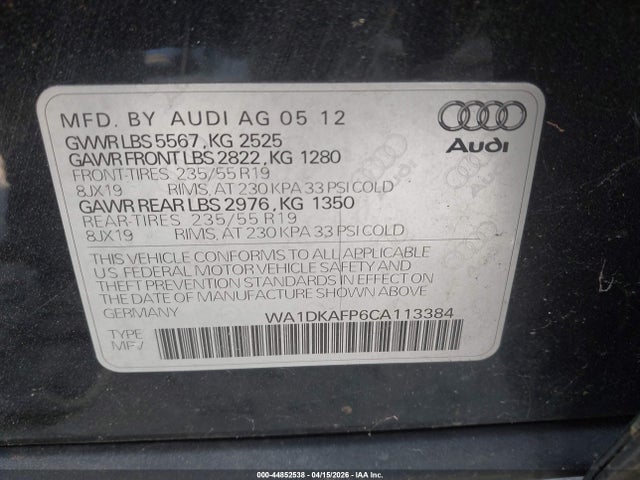 Продажа на аукционе авто 2012 Audi Q5 3.2 Premium Plus, vin: WA1DKAFP6CA113384, номер лота: 44852538