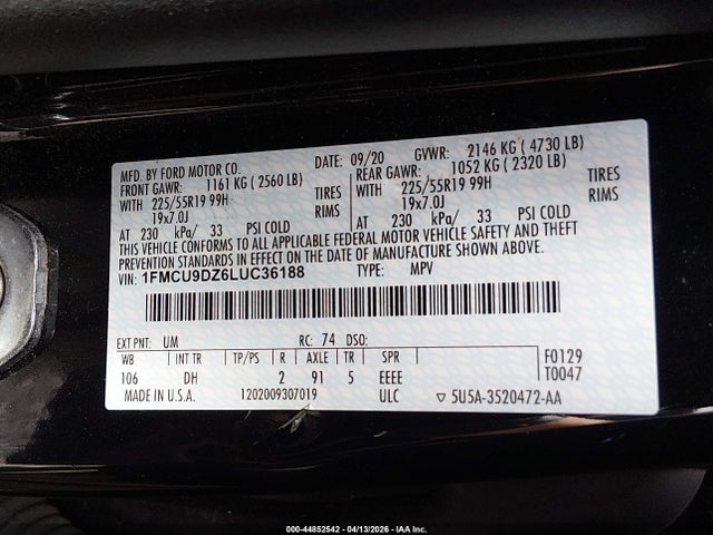 1FMCU9DZ6LUC36188 Ford Escape Titanium Hybrid