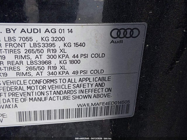 44852545 :رقم المزاد ، WA1LMAFE4ED014505 vin ، 2014 Audi Q7 3.0 Tdi Premium مزاد بيع