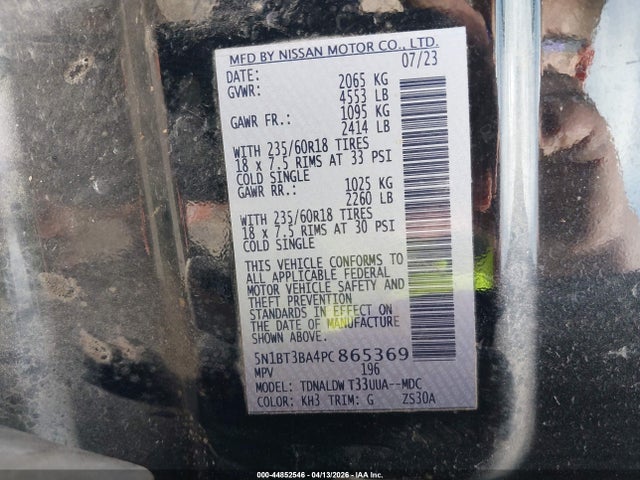 44852546 :رقم المزاد ، 5N1BT3BA4PC865369 vin ، 2023 Nissan Rogue Sv Fwd مزاد بيع