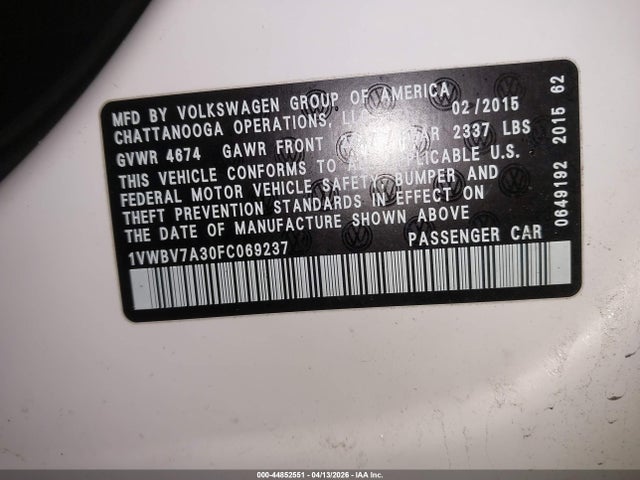 Aukcja sprzedaży 2015 Volkswagen Passat 2.0l Tdi Se, vin: 1VWBV7A30FC069237, numer aukcji: 44852551