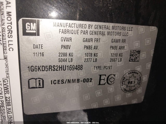 44852554 :رقم المزاد ، 1G6KD5RS2HU169488 vin ، 2017 Cadillac Ct6 Luxury مزاد بيع