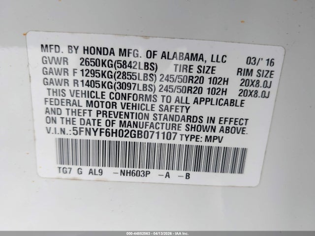 Aukcja sprzedaży 2016 Honda Pilot Elite, vin: 5FNYF6H02GB071107, numer aukcji: 44852563