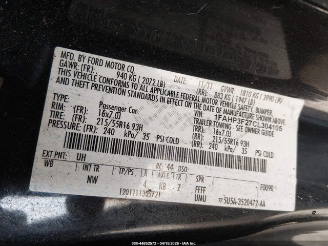 Aukcja sprzedaży 2012 Ford Focus Se, vin: 1FAHP3F27CL304105, numer aukcji: 44852572