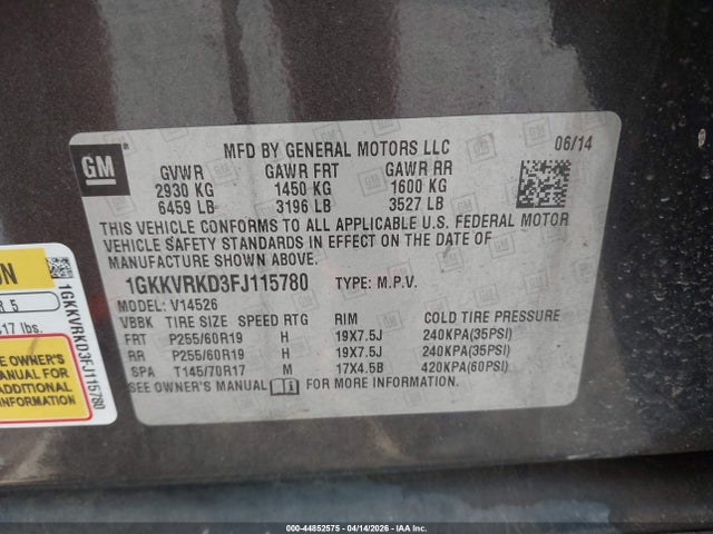 44852575 :رقم المزاد ، 1GKKVRKD3FJ115780 vin ، 2015 Gmc Acadia Slt-1 مزاد بيع