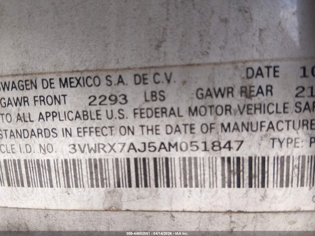 Auction sale of the 2010 Volkswagen Jetta Se, vin: 3VWRX7AJ5AM051847, lot number: 44852581