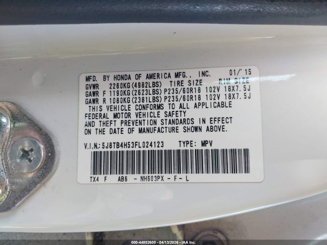 44852600 :رقم المزاد ، 5J8TB4H53FL024123 vin ، 2015 Acura Rdx مزاد بيع