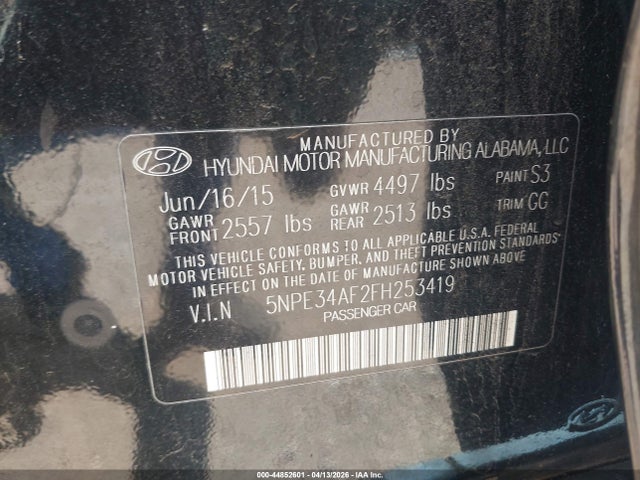 2015 Hyundai Sonata Limited მანქანა იყიდება აუქციონზე, vin: 5NPE34AF2FH253419, აუქციონის ნომერი: 44852601