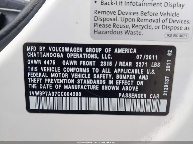 2012 VOLKSWAGEN PASSAT 1VWBP7A37CC004200 Photo 8