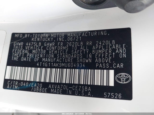 Продаж на аукціоні авто 2021 Toyota Camry Se, vin: 4T1G11AK9MU604934, номер лоту: 44852620