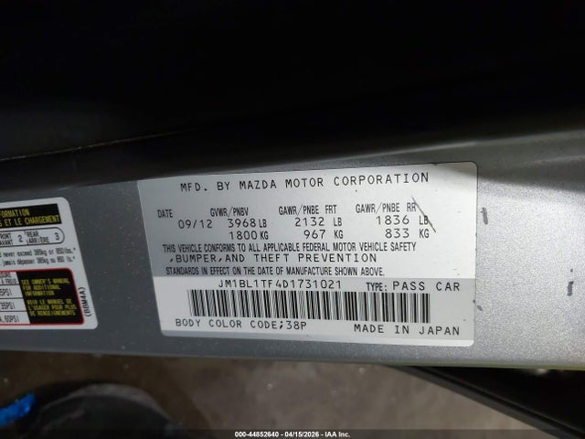 44852640 :رقم المزاد ، JM1BL1TF4D1731021 vin ، 2013 Mazda Mazda3 I Sv مزاد بيع