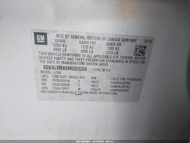 44852641 :رقم المزاد ، 2GKALMEK6H6263260 vin ، 2017 Gmc Terrain Sle-1 مزاد بيع