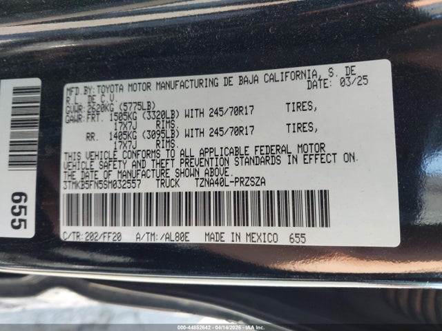 Продаж на аукціоні авто 2025 Toyota Tacoma Sr5, vin: 3TMKB5FN5SM032557, номер лоту: 44852642