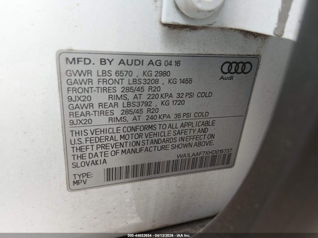 Aukcja sprzedaży 2017 Audi Q7 3.0t Premium, vin: WA1LAAF7XHD015737, numer aukcji: 44852654