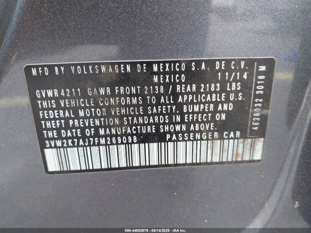 2015 Volkswagen Jetta 2.0l S მანქანა იყიდება აუქციონზე, vin: 3VW2K7AJ7FM269098, აუქციონის ნომერი: 44852679